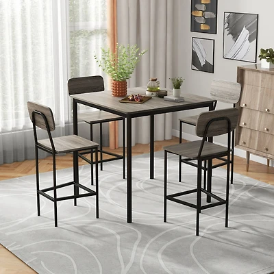 5-Piece Counter-Height Dining Bar Table Set, 4 Bar Chairs - Gray