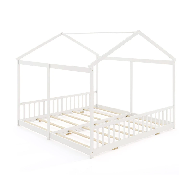 Double Floor Bed for Twins House Beds, Safety Guardrails for 2 Kids - White