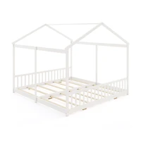 Double Floor Bed for Twins House Beds, Safety Guardrails for 2 Kids - White