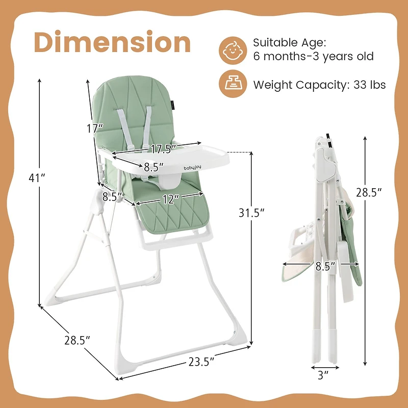 Chaise haute compacte facile à nettoyer, plateau amovible et réglable et coussin d'assise en PU - Vert