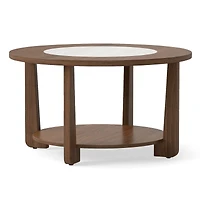 Farmhouse Accent Round Coffee Table, 2-Tone Tabletop and Open Storage Shelf for Living Room - Brown