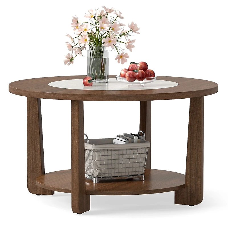 Farmhouse Accent Round Coffee Table, 2-Tone Tabletop and Open Storage Shelf for Living Room - Brown