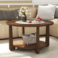 Farmhouse Accent Round Coffee Table, 2-Tone Tabletop and Open Storage Shelf for Living Room - Brown