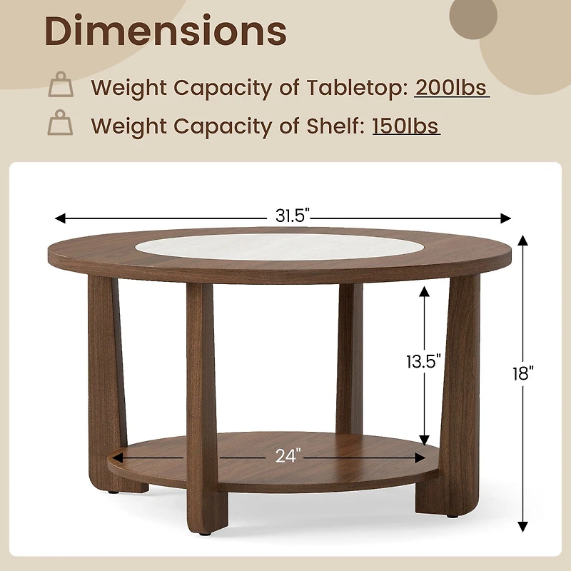 Farmhouse Accent Round Coffee Table, 2-Tone Tabletop and Open Storage Shelf for Living Room - Brown