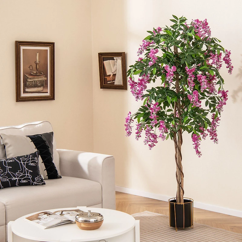5.5 ft Faux Wisteria Plant in Nursery Pot, Blooming Flowers - Rose Red