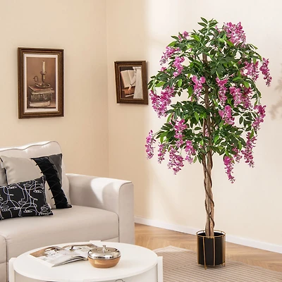 5.5 ft Faux Wisteria Plant in Nursery Pot, Blooming Flowers - Rose Red