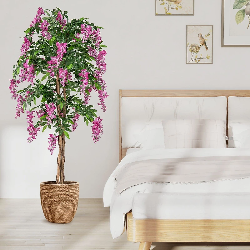 5.5 ft Faux Wisteria Plant in Nursery Pot, Blooming Flowers - Rose Red