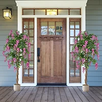 5.5 ft Faux Wisteria Plant in Nursery Pot, Blooming Flowers - Rose Red