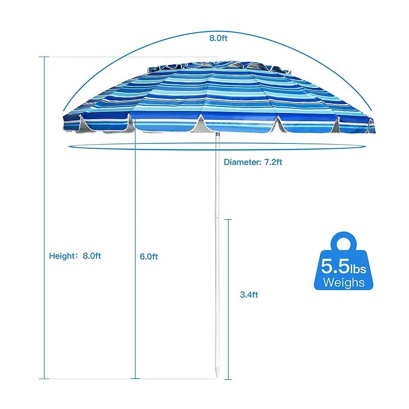 8FT Portable Beach Umbrella, Sand Anchor and Tilt Mechanism for Garden and Patio - Navy