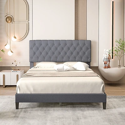 Queen Size Upholstered Platform Bed with Button Tufted Headboard