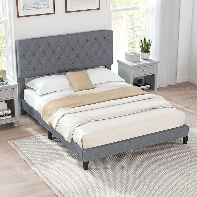 Queen Size Upholstered Platform Bed with Button Tufted Headboard