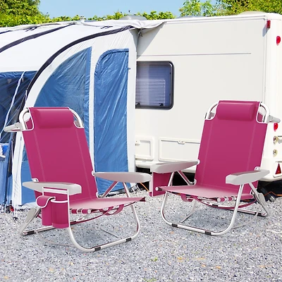 Foldable Backpack Beach Chair, Cup Holder and Storage Pockets Set of 2 - Pink