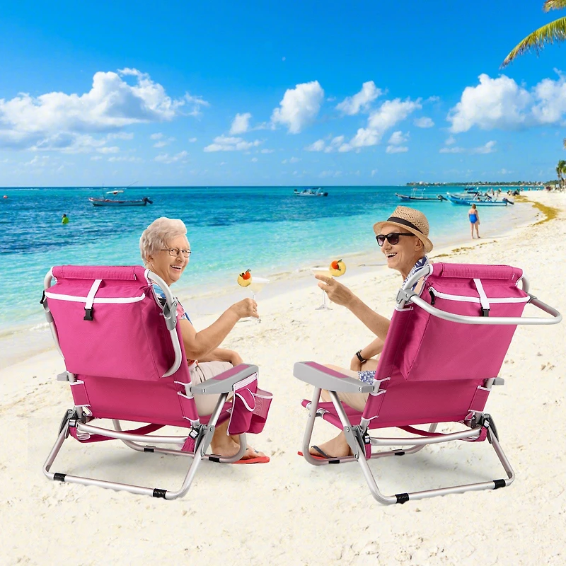 Foldable Backpack Beach Chair, Cup Holder and Storage Pockets Set of 2 - Pink