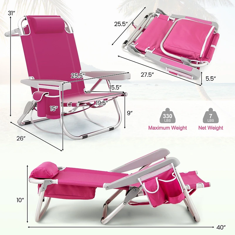 Foldable Backpack Beach Chair, Cup Holder and Storage Pockets Set of 2 - Pink