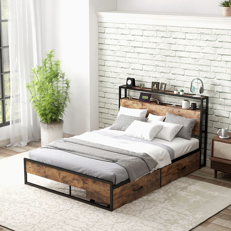 Bed Frame with 2-Tier Storage Headboard and Charging Station-Full Size