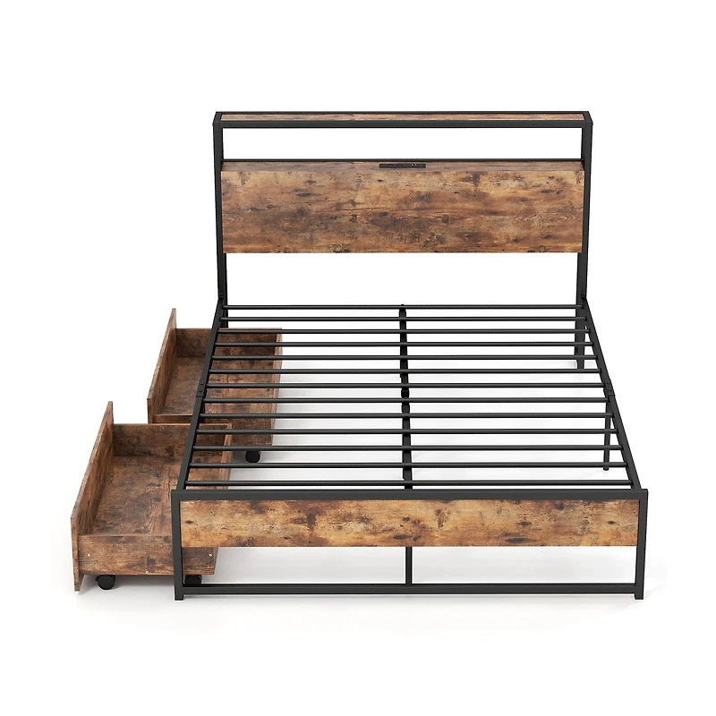 Bed Frame with 2-Tier Storage Headboard and Charging Station-Full Size