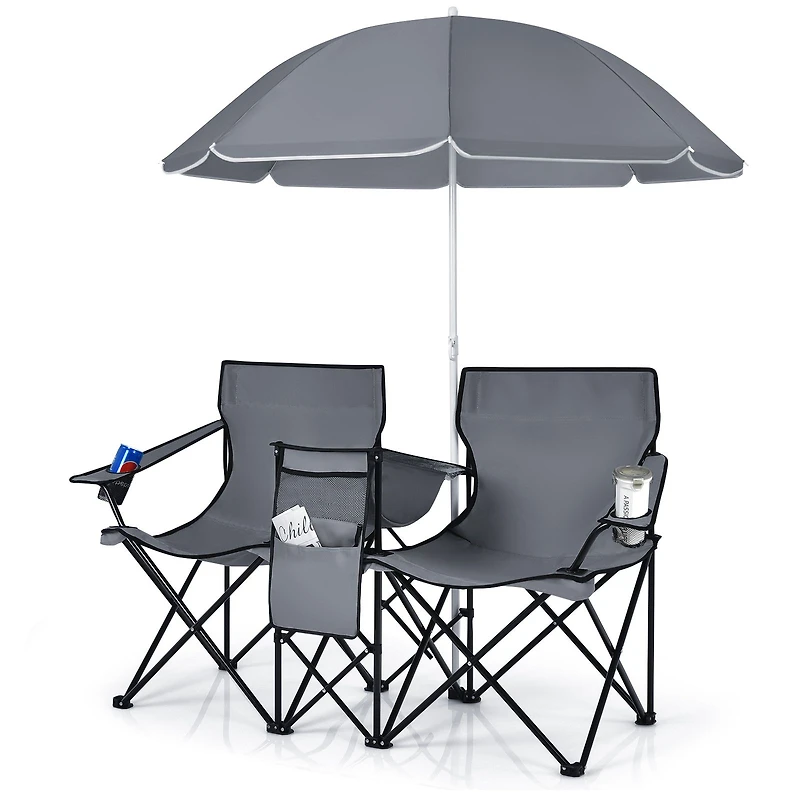 Portable Folding Picnic Double Chair, Umbrella
