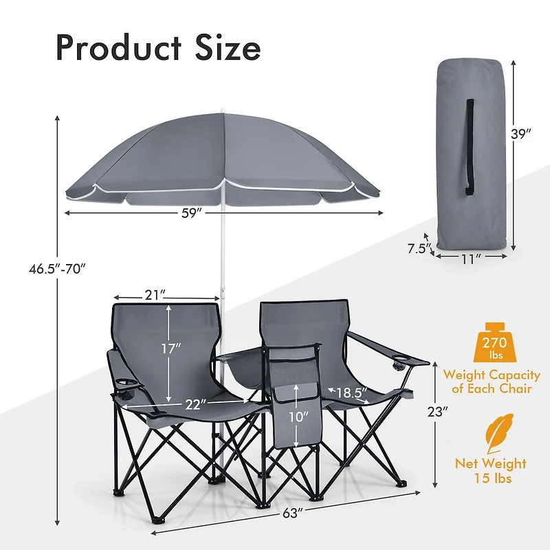 Portable Folding Picnic Double Chair, Umbrella