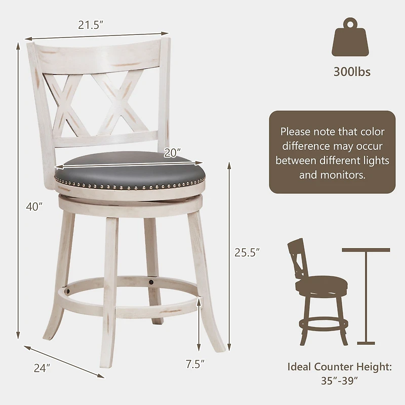 Ensemble de 2 tabourets de 65 cm vieillis à la main, assise rembourrée plus large - Blanc