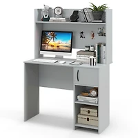 Home Office Desk, Raised Display Shelf and 2 Open Shelves - Gray