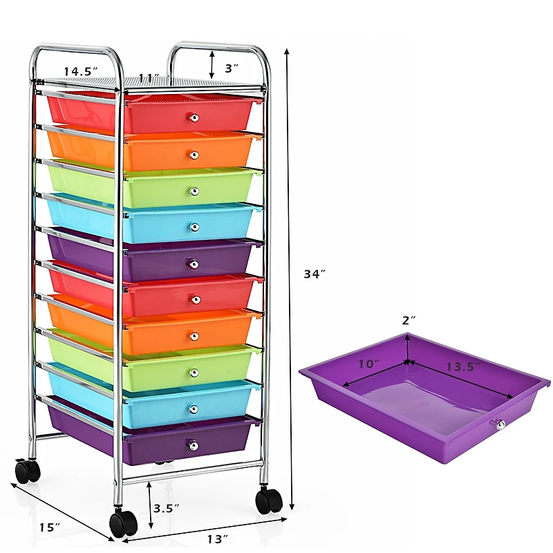 10 Drawer Rolling Storage Cart Organizer, 4 Universal Casters