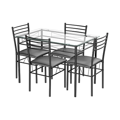 5-Piece Dining Set, Tempered Glass Top Table and 4 Upholstered Chairs