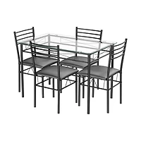 5-Piece Dining Set, Tempered Glass Top Table and 4 Upholstered Chairs