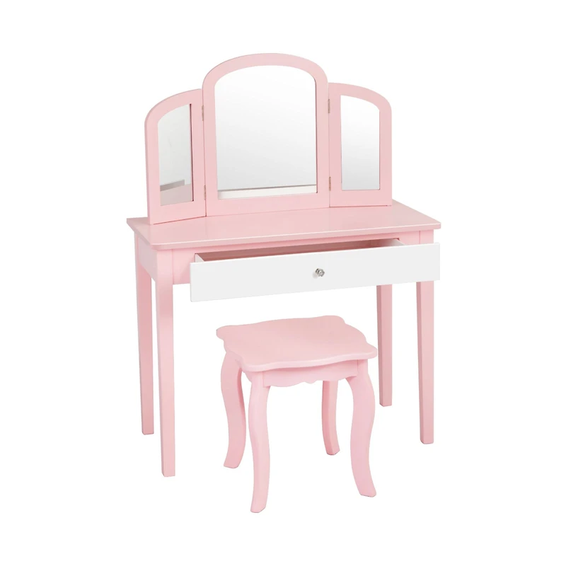 Kids Princess Make Up Dressing Table, Tri-folding Mirror and Chair - Pink