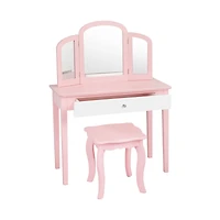 Kids Princess Make Up Dressing Table, Tri-folding Mirror and Chair - Pink