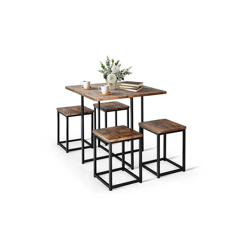 5-Piece Metal Frame Dining Set, Compact Table and 4 Stools