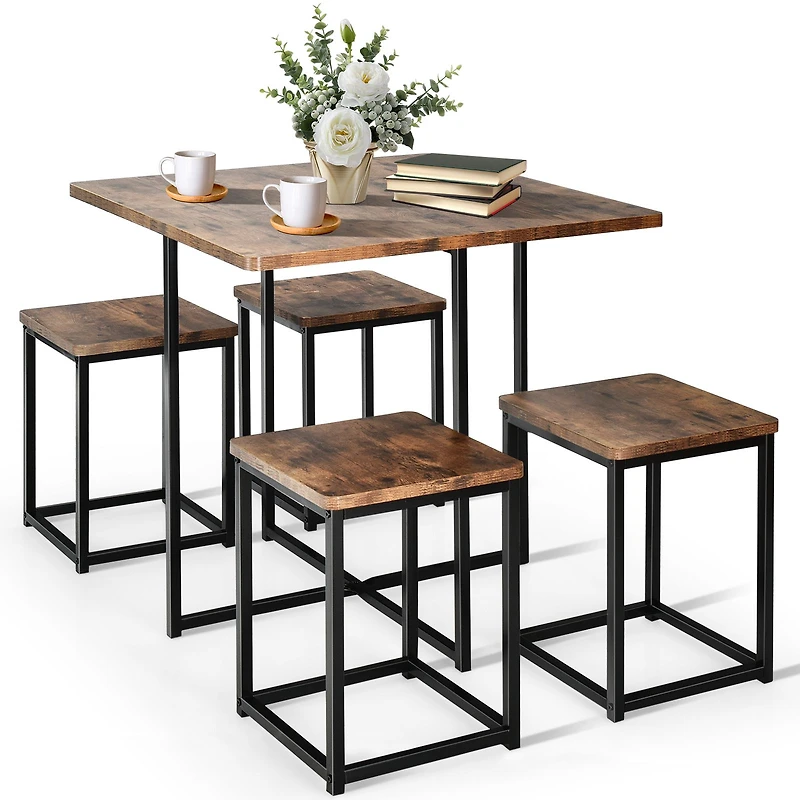 5-Piece Metal Frame Dining Set, Compact Table and 4 Stools