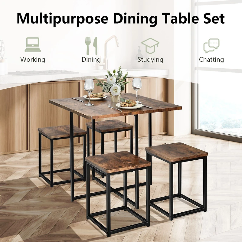 Ensemble de salle à manger 5 pièces, structure en métal, comprenant une table compacte et 4 tabourets