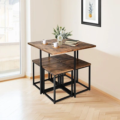 5-Piece Metal Frame Dining Set, Compact Table and 4 Stools