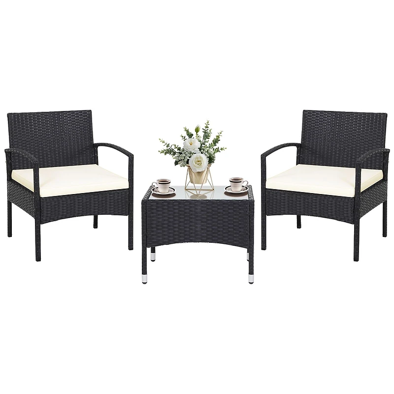 3-Piece Patio Wicker Rattan Furniture Set with Cushion-White