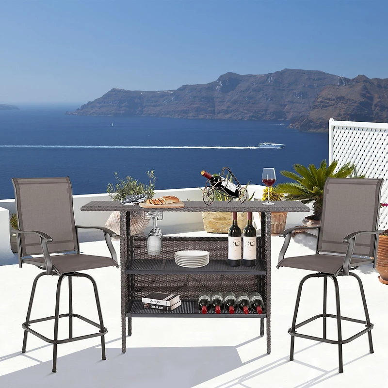 Outdoor Wicker Bar Table, 2 Metal Mesh Shelves