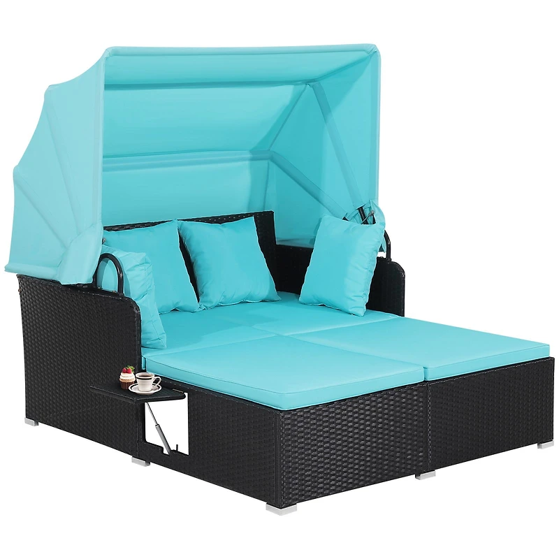 Patio Rattan Daybed, Retractable Canopy and Side Tables