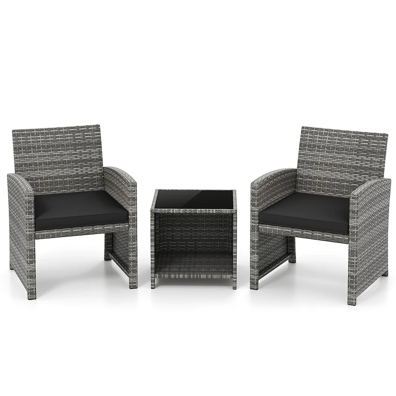 3-Piece Patio Furniture Set, Tempered Glass Coffee Table and Soft Seat Cushions