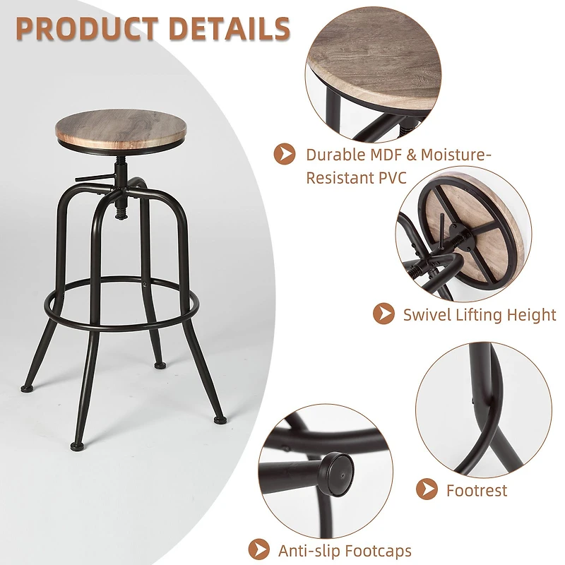 Set of 2 Rustic Oak Swivel Barstools Adjustable Height by Maison Classique