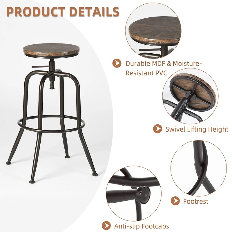Set of 4 Rustic Oak Swivel Barstools Adjustable Height