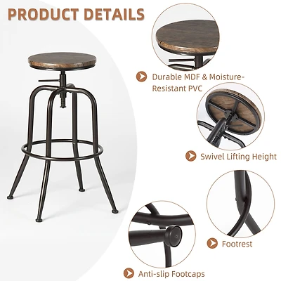 Set of 4 Rustic Oak Swivel Barstools Adjustable Height