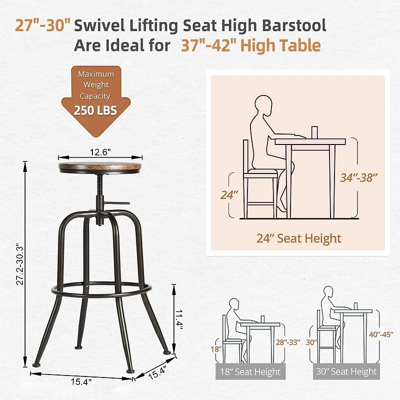 Ensemble de 4 tabourets de bar pivotants en chêne rustique à hauteur réglable