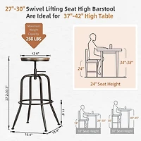 Set of 4 Rustic Oak Swivel Barstools Adjustable Height