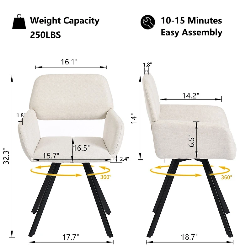 Set of 2 360°Swivel Beige Upholstered Dining Chairs by Maison Classique