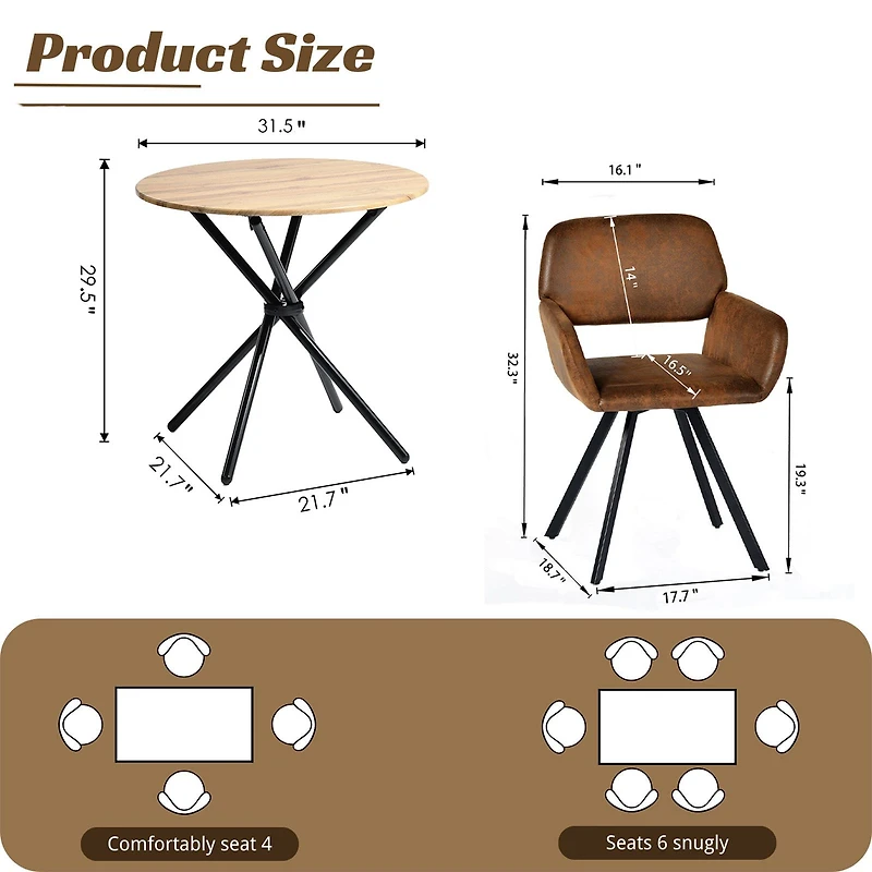 3-Piece Dining Set Oak Round Table With Suede Brown Swivel Chairs