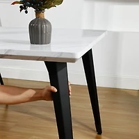 Marble Finish Dining Set with Brown Chairs, Set of 5 - White