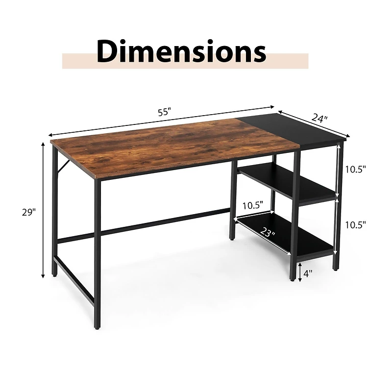Industrial Style Writing Desk with Storage Shelves - 55"