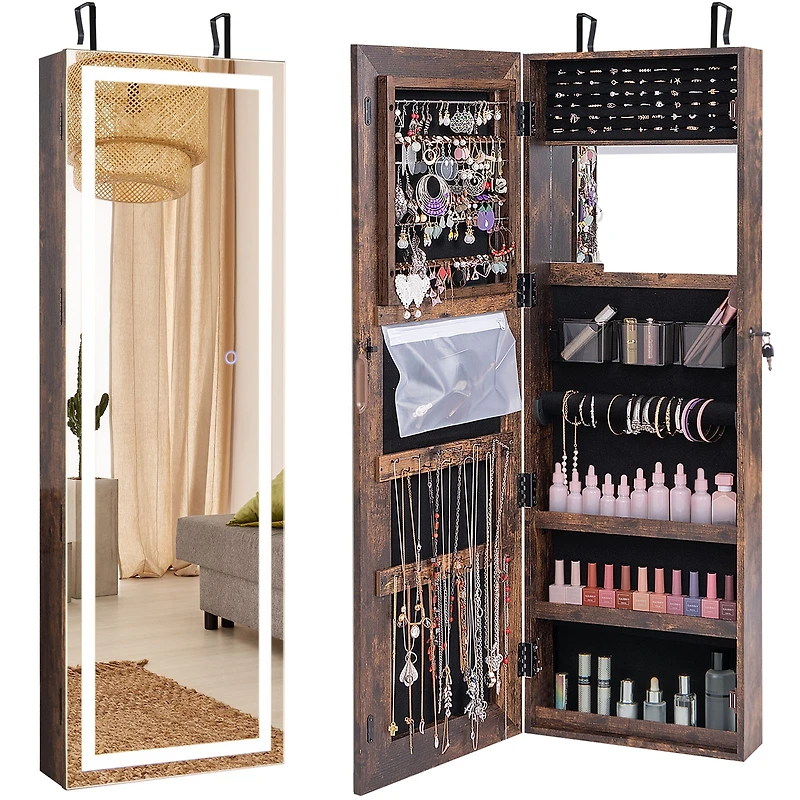 Mirrored Jewelry Armoire with Full Length Mirror and 2 Internal LED Lights