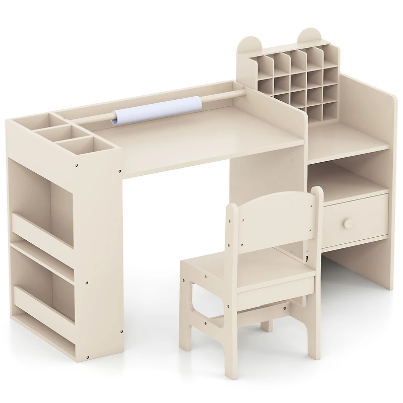 Kids Art Table and Chair Set, Detachable Paper Roll Holder and Cabinet - Natural