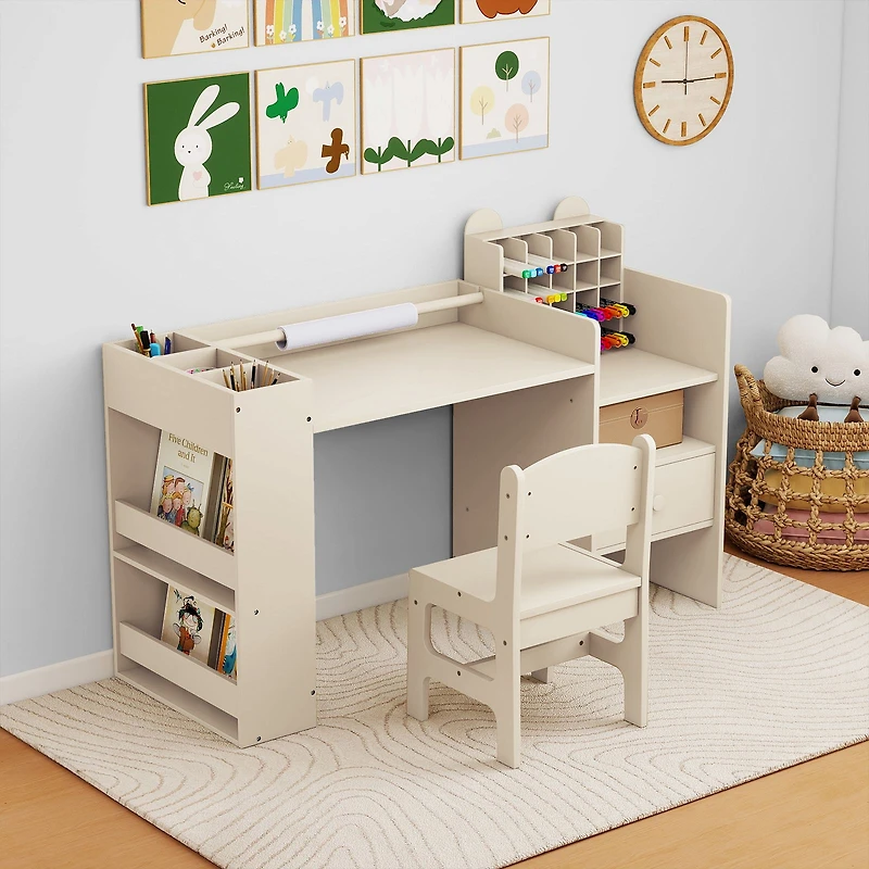 Ensemble de table et chaises d'art pour enfants, porte-rouleau de papier amovible et meuble de rangement - Naturel