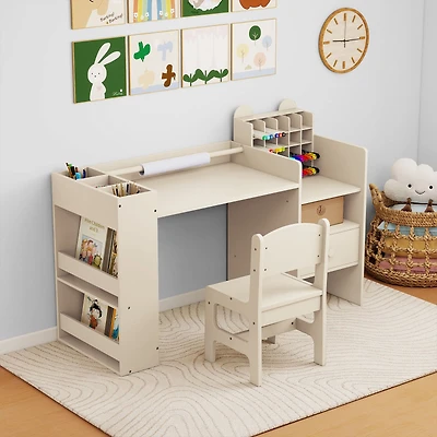 Ensemble de table et chaises d'art pour enfants, porte-rouleau de papier amovible et meuble de rangement - Naturel